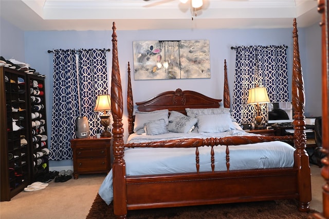 carpeted bedroom with crown molding