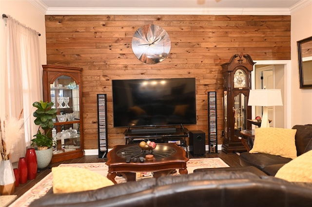 living room featuring crown molding and dark wood-type flooring