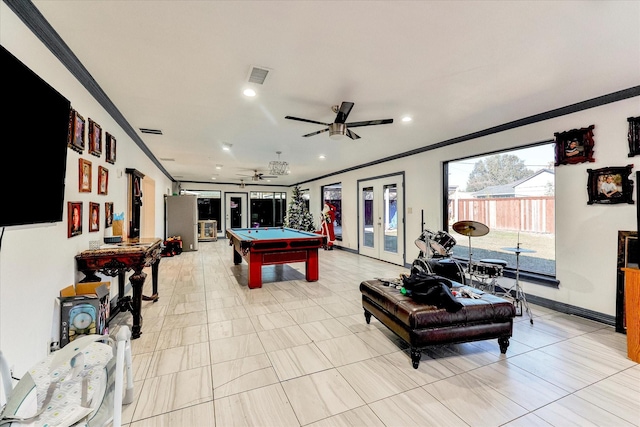 rec room featuring ceiling fan, french doors, ornamental molding, and pool table