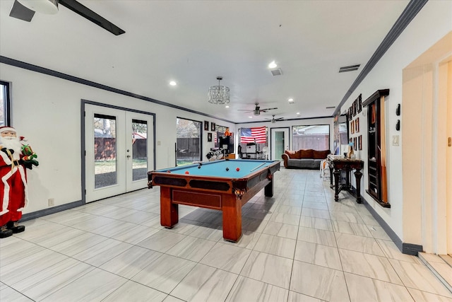 recreation room with french doors, ceiling fan, ornamental molding, pool table, and light tile patterned flooring