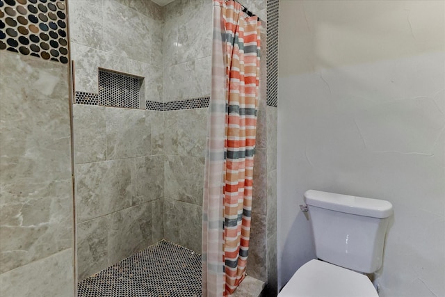 bathroom featuring toilet and curtained shower