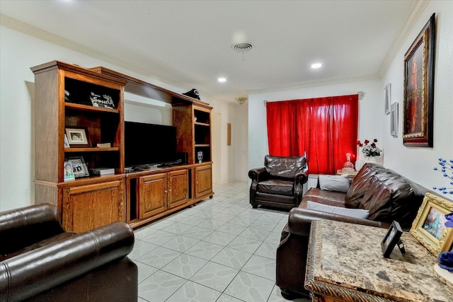 tiled living room featuring ornamental molding