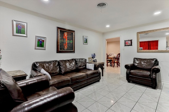 living room featuring crown molding and light tile patterned floors