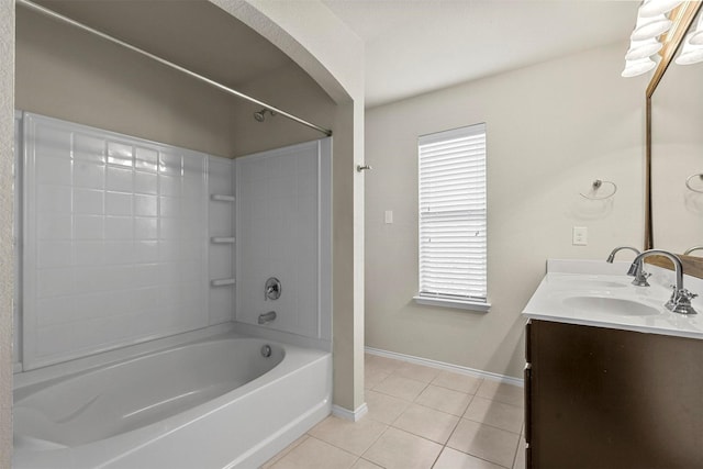 bathroom with tile patterned floors, vanity, and bathing tub / shower combination