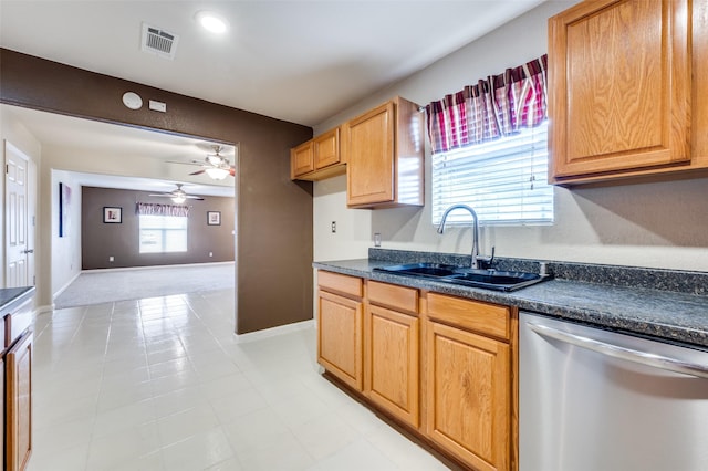 kitchen with ceiling fan, sink, and stainless steel dishwasher