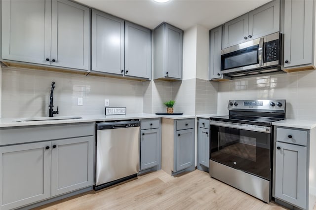 kitchen featuring gray cabinetry, sink, stainless steel appliances, and light wood-type flooring