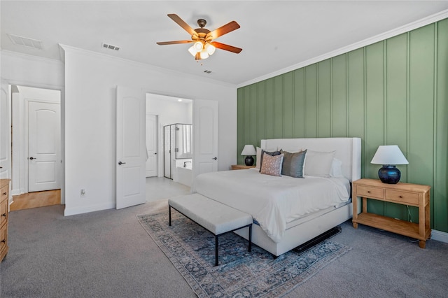 bedroom featuring baseboards, carpet, visible vents, and ornamental molding