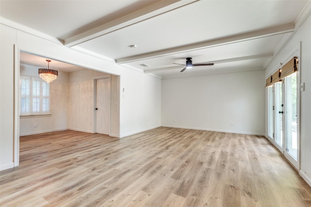 unfurnished room with beamed ceiling, ceiling fan with notable chandelier, and light hardwood / wood-style flooring