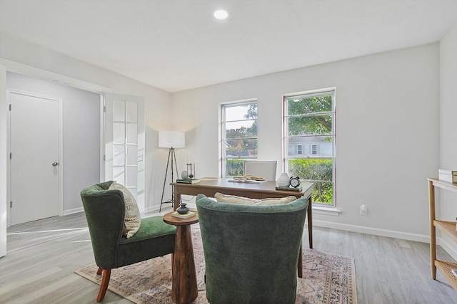 office space with light hardwood / wood-style floors and plenty of natural light