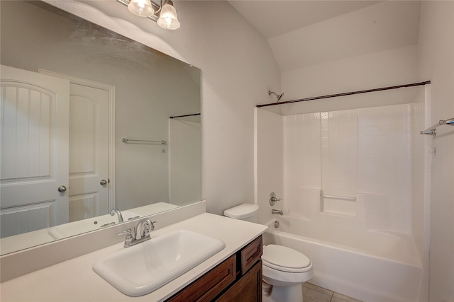 full bathroom featuring shower / tub combination, lofted ceiling, vanity, toilet, and tile patterned floors