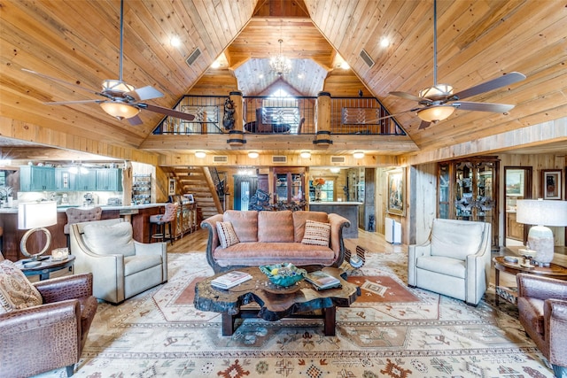 living room featuring wooden walls, high vaulted ceiling, wooden ceiling, and a notable chandelier