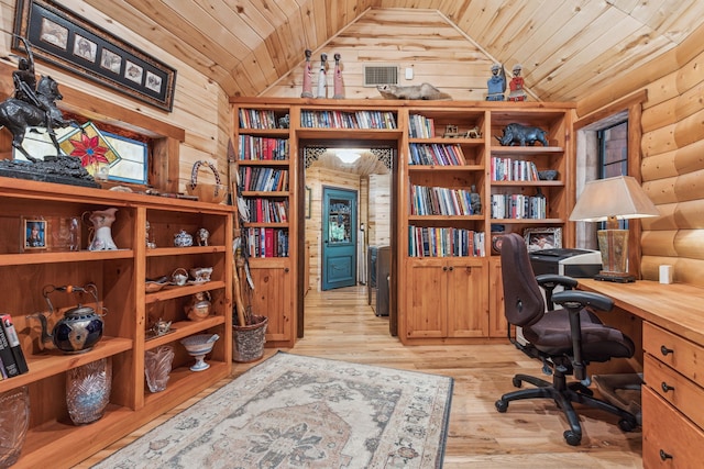 office featuring wooden walls, light hardwood / wood-style flooring, lofted ceiling, and wood ceiling