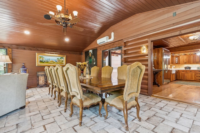 dining area with a wall mounted AC, wooden ceiling, vaulted ceiling, and an inviting chandelier