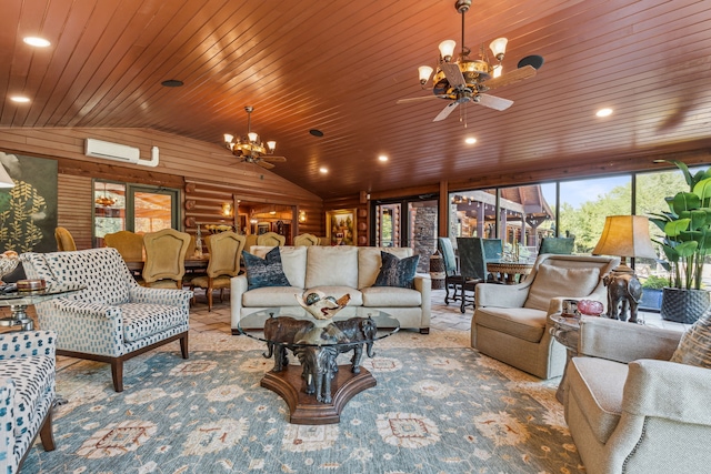 living room with lofted ceiling, wood ceiling, and ceiling fan with notable chandelier