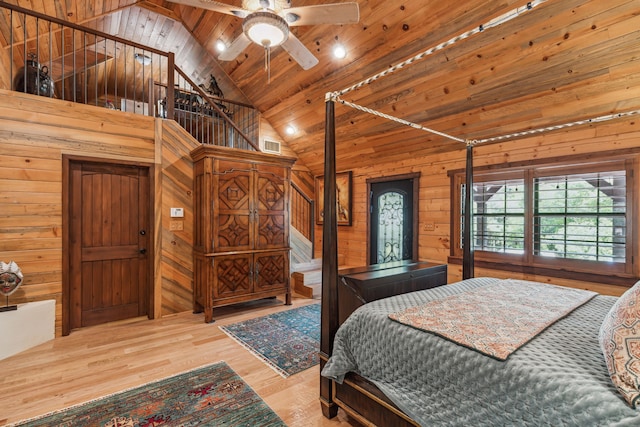 bedroom featuring light hardwood / wood-style flooring, high vaulted ceiling, wooden ceiling, and wood walls