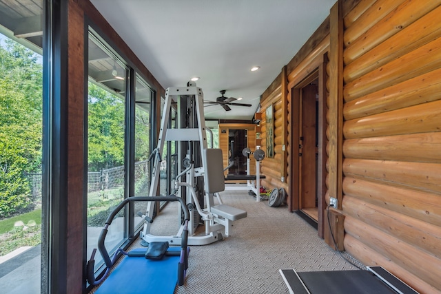 workout area with a wealth of natural light, ceiling fan, and log walls