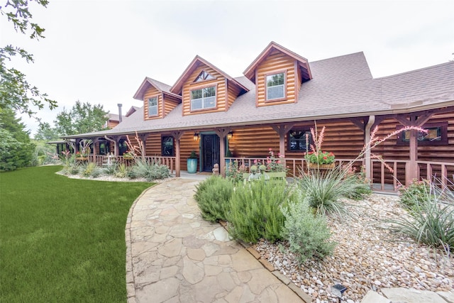 log cabin with a front yard and a porch