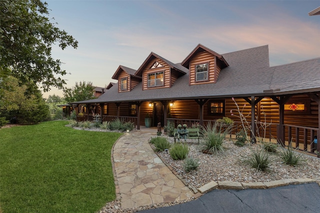 log-style house featuring a yard and covered porch