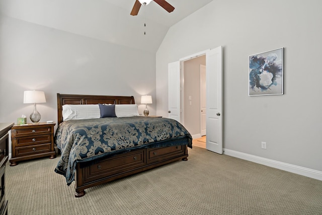 carpeted bedroom featuring ceiling fan and lofted ceiling