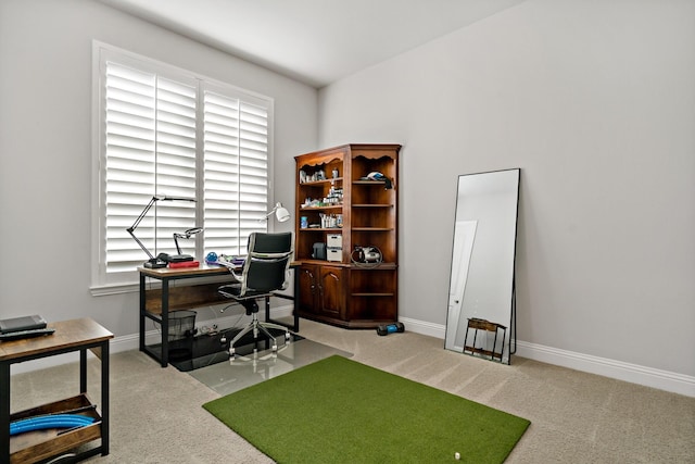 carpeted home office with golf simulator