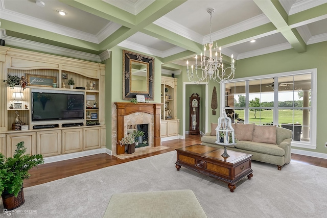 living room with beam ceiling, coffered ceiling, a high end fireplace, and light hardwood / wood-style flooring