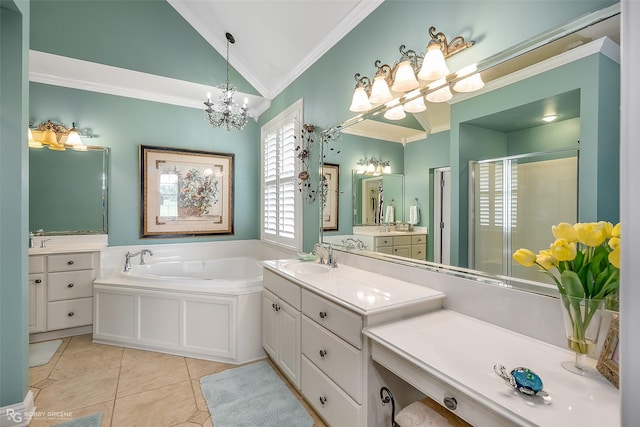 bathroom featuring vaulted ceiling, independent shower and bath, tile patterned flooring, ornamental molding, and vanity