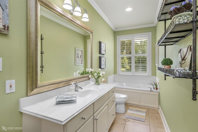 bathroom with tile patterned floors, toilet, crown molding, vanity, and a bath