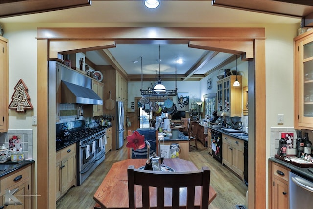 kitchen featuring hanging light fixtures, light hardwood / wood-style floors, backsplash, and appliances with stainless steel finishes