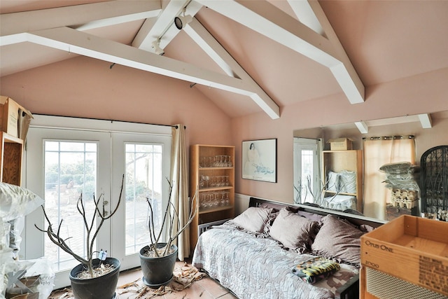 bedroom featuring vaulted ceiling with beams and french doors