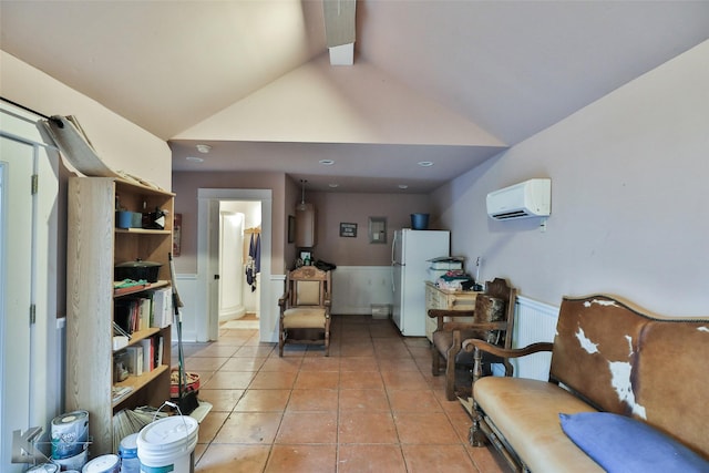 living area with beamed ceiling, a wall mounted air conditioner, high vaulted ceiling, and light tile patterned floors