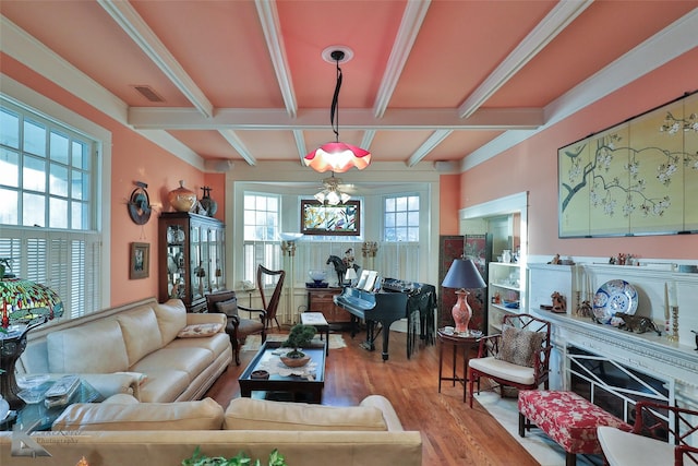 living room featuring beam ceiling, a healthy amount of sunlight, a fireplace, and wood-type flooring