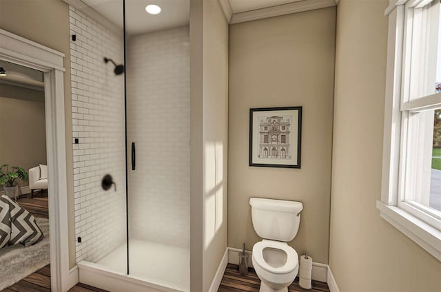 bathroom featuring a wealth of natural light, toilet, and hardwood / wood-style flooring