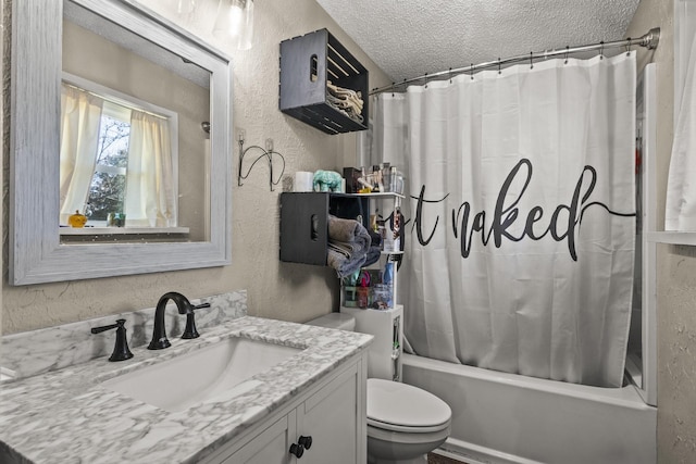 full bathroom with vanity, shower / bath combination with curtain, a textured ceiling, and toilet