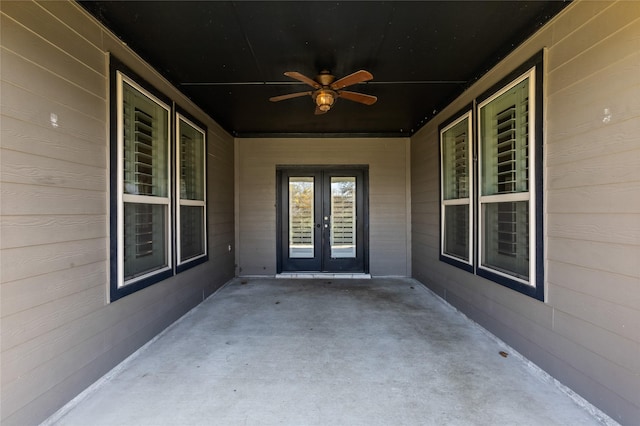 exterior space with french doors and ceiling fan