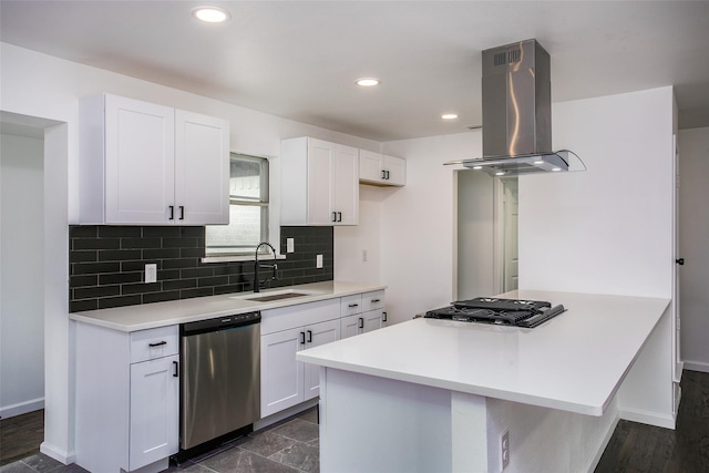 kitchen featuring dark hardwood / wood-style flooring, stainless steel appliances, island range hood, sink, and white cabinetry