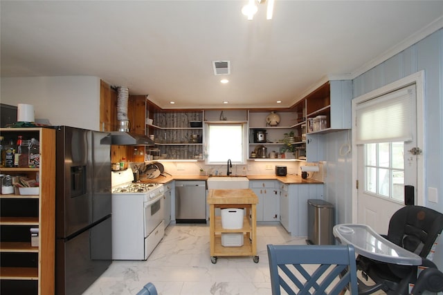 kitchen with a wealth of natural light, sink, appliances with stainless steel finishes, and wooden counters