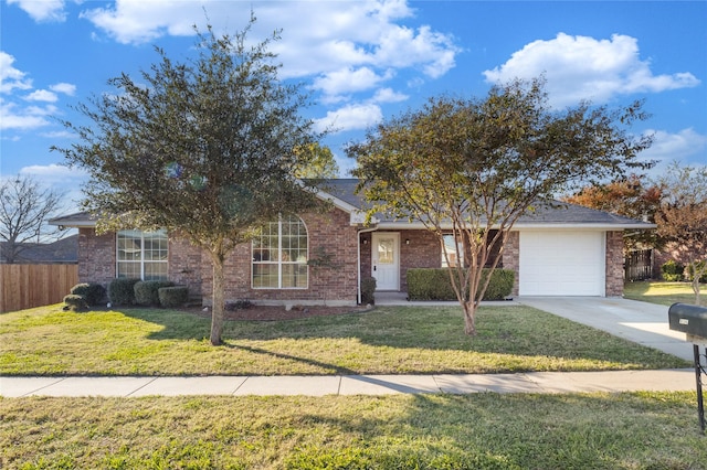 single story home featuring a garage and a front lawn