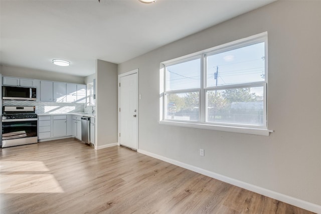 kitchen with sink, light hardwood / wood-style flooring, stainless steel appliances, tasteful backsplash, and white cabinets