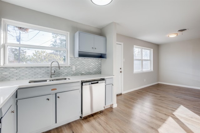 kitchen featuring sink, light wood-type flooring, gray cabinets, dishwasher, and backsplash