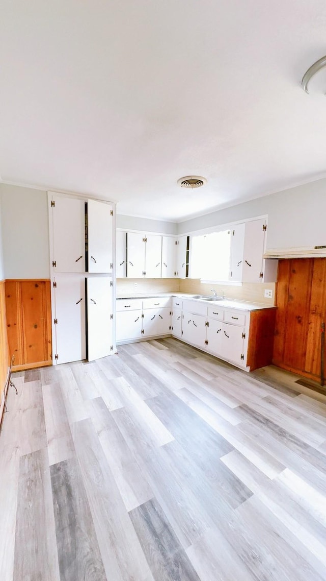 kitchen with white cabinets, light wood-type flooring, and sink