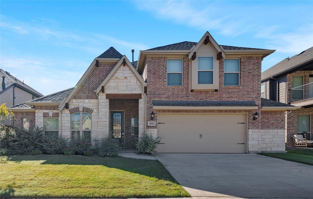 view of front of property featuring a garage and a front lawn