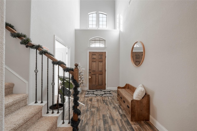 foyer featuring a towering ceiling and dark hardwood / wood-style floors