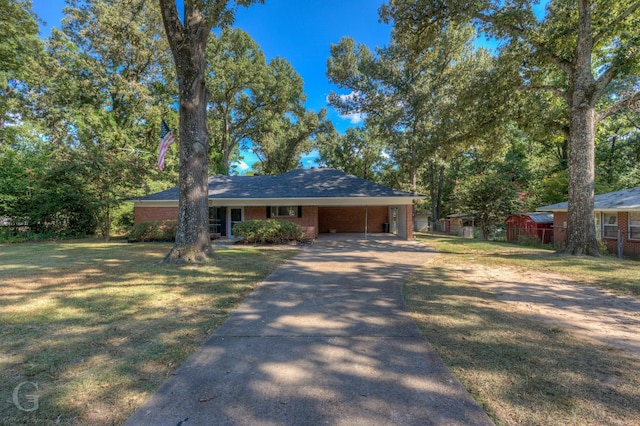 ranch-style home featuring a front lawn and a carport