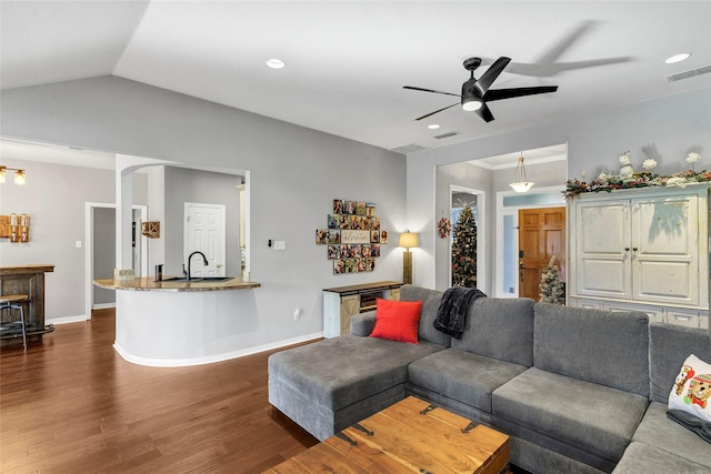 living room with lofted ceiling, dark wood-type flooring, and sink