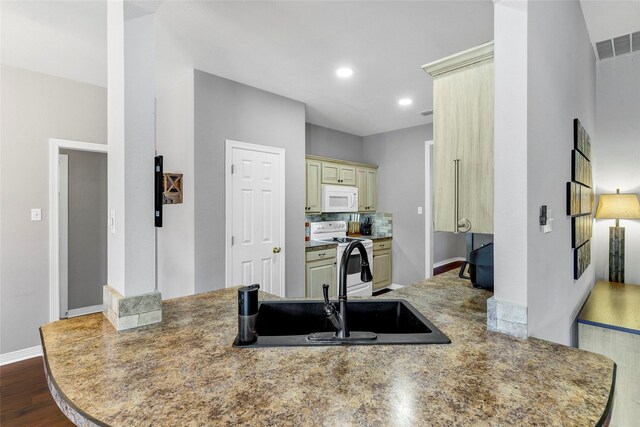 living room with ceiling fan, wood-type flooring, and lofted ceiling