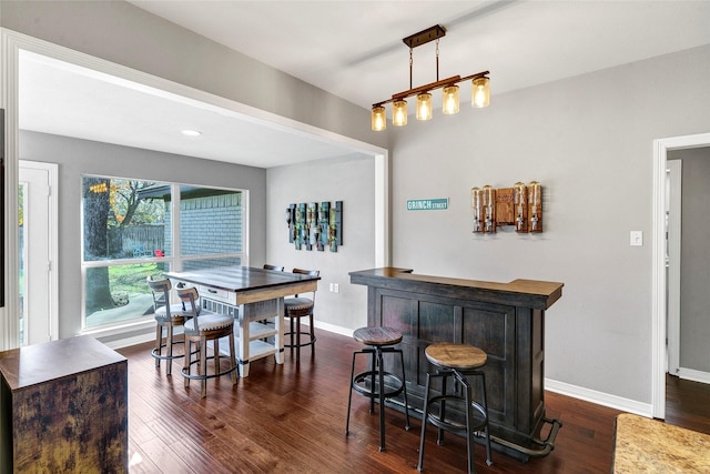 dining space with dark hardwood / wood-style flooring and bar