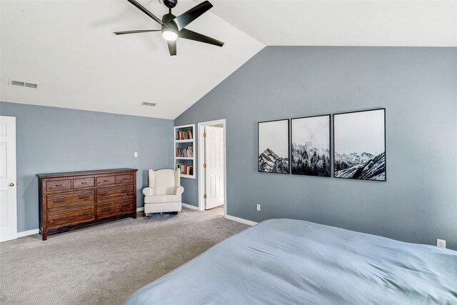 carpeted bedroom featuring vaulted ceiling and ceiling fan