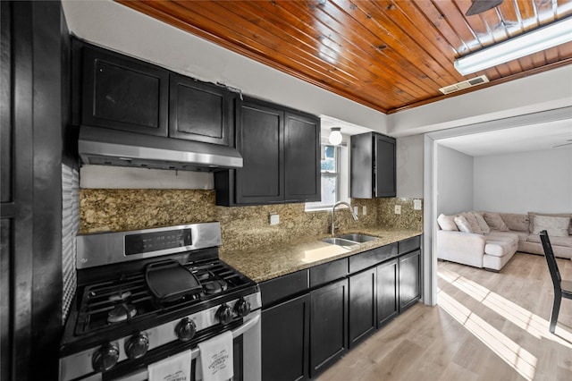 kitchen with wooden ceiling, sink, light wood-type flooring, tasteful backsplash, and gas stove