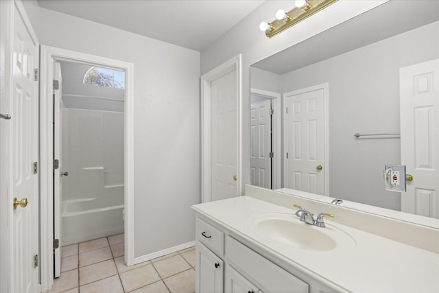 bathroom featuring tile patterned flooring, vanity, and bathing tub / shower combination