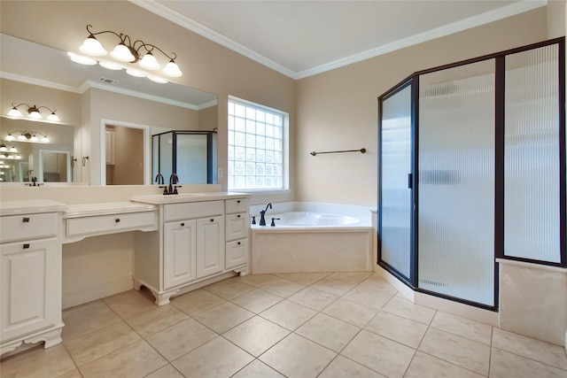 bathroom with tile patterned flooring, vanity, separate shower and tub, and ornamental molding